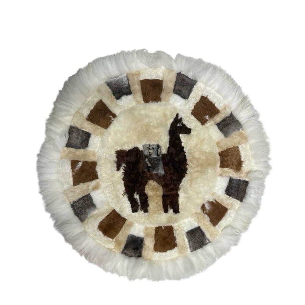 Vintage Peruvian Alpaca Fur 32” Round Rug Llama Wall Hanging Patchwork Art Boho